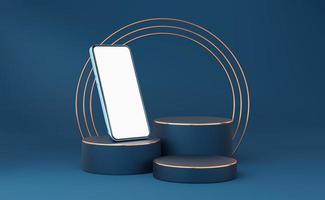 Blue mobile phone on cylinder podium with gold border and copper circle on blue background. Minimal studio 3d. 3 Pedestal mock up space for modern. smartphone with blank white screen. 3d rendering. photo