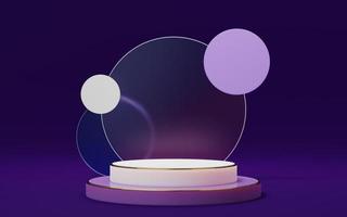 podio de cilindro de mármol blanco vacío con borde dorado sobre fondo púrpura de círculo de arco de vidrio. estudio mínimo abstracto objeto de forma geométrica 3d. espacio de maqueta para mostrar el diseño del producto. representación 3d foto
