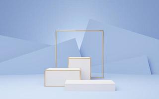 3 Empty white cube podium with gold frame placed against blue pastel wall background. Abstract minimal studio 3d geometric shape object. Mockup space for display of product design. 3d rendering. photo