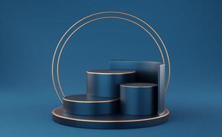 3 Empty blue cylinder podium with gold border and 2 gold circle on blue background. Abstract minimal studio 3d geometric shape object. Mockup space for display of product design. 3d rendering. photo