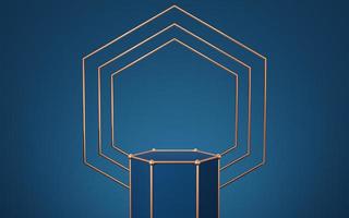Empty blue hexagon podium with gold border and copper six polygon floating on background. Abstract minimal studio 3d geometric shape object. Mockup space for display of product design. 3d rendering. photo
