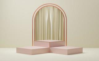 3 Empty old rose cube podium with copper border on arch and beige curtain background. Abstract minimal studio 3d geometric shape object. Pastel pedestal mockup space of product design. 3d rendering. photo