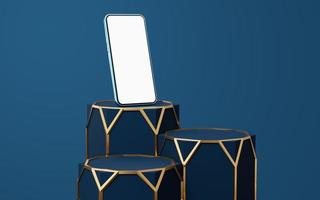Blue mobile phone on hexagon podium with gold border floating on white copy space background. Pedestal mockup space for display of app. smartphone with blank white screen. 3d rendering. photo