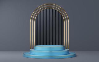 podio de cilindro azul vacío con borde dorado en arco gris y fondo negro. estudio mínimo abstracto objeto de forma geométrica 3d. espacio de maqueta para mostrar el diseño del producto. representación 3d foto