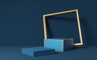 2 Empty blue cube podium with gold frame placed against blue wall background. Abstract minimal studio 3d geometric shape object. Mockup space for display of product design. 3d rendering. photo