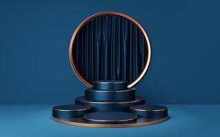 4 Empty blue and black cylinder podium with copper border on gold circle arch and curtain background. Abstract minimal studio 3d geometric shape object. Pedestal mockup space for display. 3d render. photo