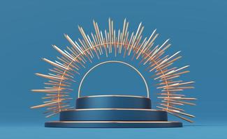 Empty blue cylinder podium with gold border and spiked halo circle on blue background. Abstract minimal studio 3d geometric shape object. Pedestal mockup space for luxury display. 3d rendering. photo