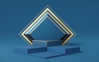 4 Empty blue cube podium and gold square on blue background. Abstract minimal studio 3d geometric shape object. Mockup space for display of product design. 3d rendering.