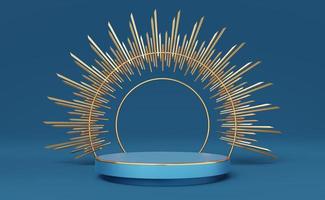 Empty blue cylinder podium with gold border and spiked halo circle on blue background. Abstract minimal studio 3d geometric shape object. Pedestal mockup space for luxury display. 3d rendering. photo