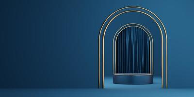 Empty blue cylinder podium with gold border on arch, curtain and  copy space background. Abstract minimal studio 3d geometric shape object. Mockup space for display of product design. 3d rendering. photo
