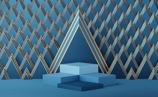 4 Empty blue cube podium with gold border on Art Deco golden triangle pattern background. Abstract minimal studio 3d geometric shape object. Mockup space for display of product design. 3d rendering. photo