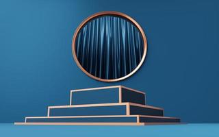 Empty blue cube podium with gold border on copper circle arch and curtain background. Abstract minimal studio 3d geometric shape object. Pedestal mockup space for display. 3d rendering. photo
