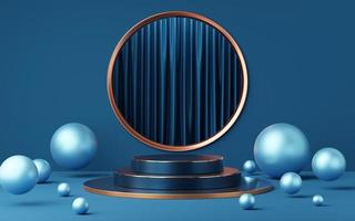 Empty blue and black cylinder podium with copper border, ball on gold circle arch, curtain background. Abstract minimal studio geometric shape. Pedestal mockup space for product design. 3d rendering. photo