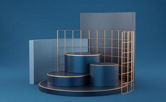 3 Empty blue cylinder podium with gold border, copper grid, square wall on background. Abstract luxury minimal studio 3d geometric shape object. Mockup space for display of product design. 3d render. photo