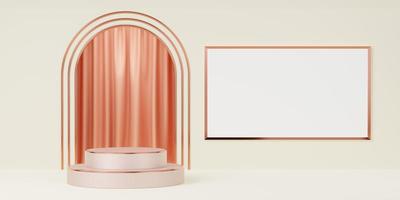 Old rose cylinder podium on curtain arch and beige copy space background. Pedestal and white empty advertising board with copper border. Mockup space for display of product design. 3d rendering. photo