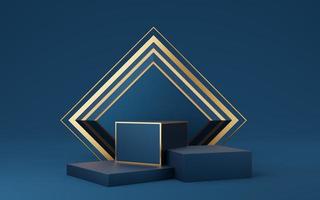 Empty blue cube podium and gold square on blue background. Abstract minimal studio 3d geometric shape object. Mockup space for display of product design. 3d rendering. photo