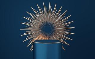 Empty blue cylinder podium with gold border and spiked halo circle on blue background. Abstract minimal studio 3d geometric shape object. Pedestal mockup space for luxury display. 3d rendering. photo