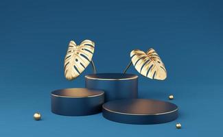 Empty blue cylinder podium with gold border and 2 monstera deliciosa leaf on blue background. Abstract minimal studio 3d geometric shape object. Mockup space for cosmetic display design. 3d rendering. photo