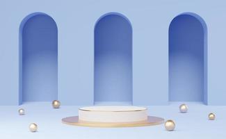 Empty white cylinder podium with gold border and ball on arch blue background. Abstract minimal studio 3d geometric shape object. Mockup space for display of product design. 3d rendering. photo