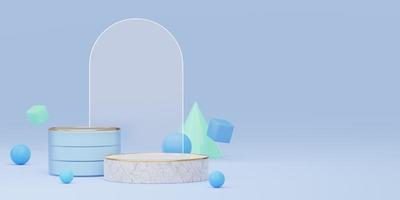 Empty marble cylinder podium with gold border, ball, cone, cube on blue glass arch background. Abstract minimal studio 3d geometric shape object. Mockup space for display of product design. 3d render. photo