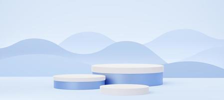 3 Empty white cylinder podium on blue wave background. Abstract pastel minimal studio 3d geometric shape. Mockup space for display of product design. Paper cut style. 3d rendering. photo
