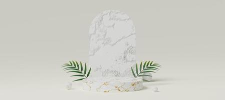 Empty White stone cylinder podium with concrete arch, green palm leaf, ball on copy space background. Abstract pastel minimal studio. Mockup space for cosmetic display design. 3d rendering. photo