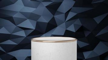 white marble cylinder podium with gold border float on dark blue triangle texture background. Abstract minimal studio geometric object. Pedestal mockup space for display of product design. 3d render. photo