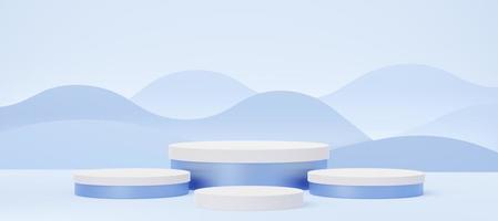4 Empty white cylinder podium on blue wave background. Abstract pastel minimal studio 3d geometric shape. Mockup space for display of product design. Paper cut style. 3d rendering. photo