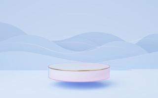 Empty glass cylinder podium float on translucent glass, blue wave background. Abstract pastel minimal studio 3d geometric shape. Mockup space for display of product design. Paper cut style. 3d render. photo