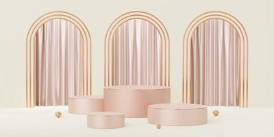 4 Old rose cylinder podium with gold border on beige arch and curtain background. Pedestal and white empty advertising board with copper border. Mockup space for display of product design. 3d render. photo
