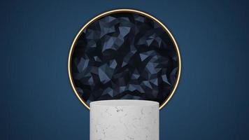 white marble cylinder podium with gold border float on dark blue triangle texture background. Abstract minimal studio geometric object. Pedestal mockup space for display of product design. 3d render. photo