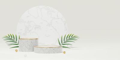 Empty white marble cylinder podium with palm leaves, gold ball, arch circle, copy space background. Abstract pastel minimal studio geometric shape. Mockup space display of product design. 3d render. photo