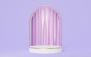 3d white cylinder podium with gold border on purple arch, pink curtain background. Empty pedestal mockup space for display product design. Abstract minimal studio geometric shape object. 3d rendering. photo
