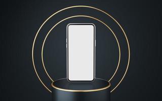 Silver mobile phone on gray cylinder podium with gold border and 2 copper circle on black background. Minimal studio. Pedestal mock up space for modern. smartphone with blank white screen. 3d render. photo