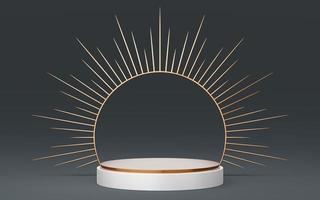 Empty white cylinder podium with gold border and spiked halo circle on black background. Abstract minimal studio 3d geometric shape object. Pedestal mockup space for luxury display. 3d rendering. photo