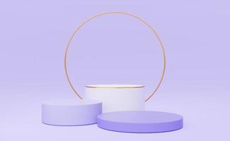 3d white cylinder podium with gold border and copper circle on purple background. Empty pedestal mockup space for display product design. Abstract minimal studio geometric shape object. 3d rendering. photo