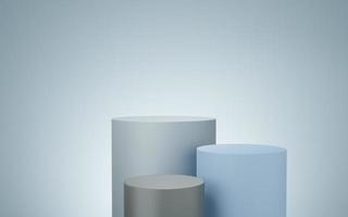 3 Empty gray and blue cylinder podium floating on white copy space background. Abstract minimal studio 3d geometric shape object. Pedestal mockup space for display of product design. 3d rendering. photo