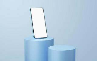 Blue mobile phone on cylinder podium floating on white copy space background. Minimal studio 3d. ​Monotone pedestal mockup space for display of app. smartphone with blank white screen. 3d rendering. photo