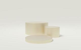 3 Empty yellow or cream cylinder podium on bone white copy space background. Abstract minimal studio 3d geometric shape object. Pedestal mockup space for display of product design. 3d render. photo