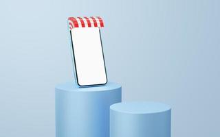 Blue mobile phone with red awning on cylinder podium floating on white copy space background. Digital marketing online, e commerce, app store concept. smartphone with blank white screen. 3d render. photo