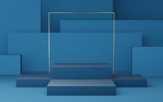 Empty blue cube podium with gold border and gold square on blue box background. Abstract minimal studio 3d geometric shape object. Mockup space for display of product design. 3d rendering. photo