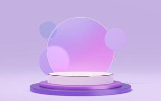 Empty white marble cylinder podium with gold border on glass arch circle purple background. Abstract minimal studio 3d geometric shape object. Mockup space for display of product design. 3d rendering. photo