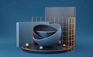 Empty blue cylinder podium with gold border in half sphere, copper grid, square wall background. Abstract luxury minimal studio geometric shape. Mockup space for display of product design. 3d render. photo