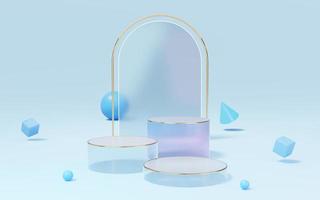 3 Empty purple glass cylinder podium with gold border, ball, cone, cube on blue arch background. Pedestal pastel minimal geometric showcase mockup. Stage for display of product design. 3d render. photo