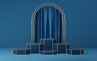 6 Empty blue cylinder podium with gold border on blue arch and curtain background. Abstract minimal studio 3d geometric shape object. Mockup space for display of product design. 3d rendering. photo