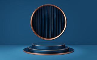 Empty blue and black cylinder podium with copper border on gold circle arch and curtain background. Abstract minimal studio 3d geometric shape object. Pedestal mockup space for display. 3d rendering. photo