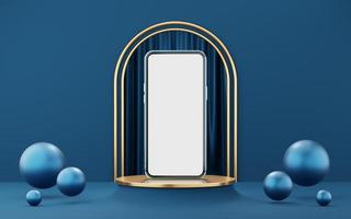 Blue mobile phone on gold cylinder podium with blue ball on arch pipe and curtain background. Pedestal mockup space for luxury and modern. smartphone with blank white screen. 3d rendering. photo