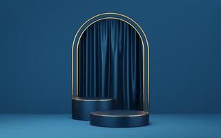 2 Empty blue cylinder podium with gold border on blue arch and curtain background. Abstract minimal studio 3d geometric shape object. Mockup space for display of product design. 3d rendering. photo