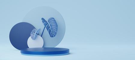 Empty blue cylinder podium with circle, monstera deliciosa on copy space background. Abstract pastel minimal studio 3d geometric shape. Mockup space for display of product design. 3d rendering. photo