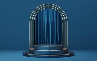 Empty blue cylinder podium with gold border on blue arch and curtain background. Abstract minimal studio 3d geometric shape object. Mockup space for display of product design. 3d rendering. photo